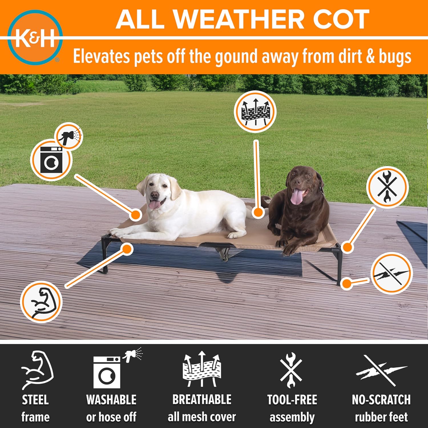 K&H Pet Products Original Lit surélevé pour Animal Domestique Toutes Saisons en Maille Brun Clair XL 81,3 x 127 x 22,9 cm Maille bronzée toutes saisons L 127 x l 81 x H 23 cm