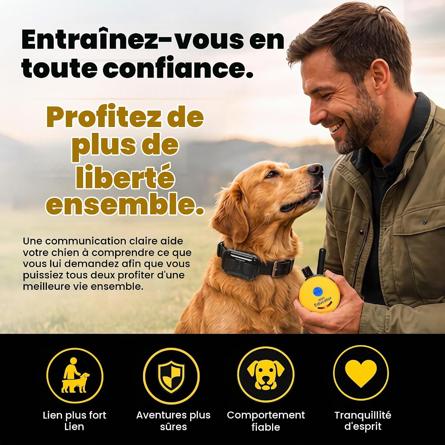 Educator ET-300 Mini collier E pour dressage de chien avec télécommande – Portée de 1,2 km, étanche, 100 niveaux de stimulation émoussée, mode tonalité ou vibration, suivi de la veilleuse pour chiens jaune 1 chien