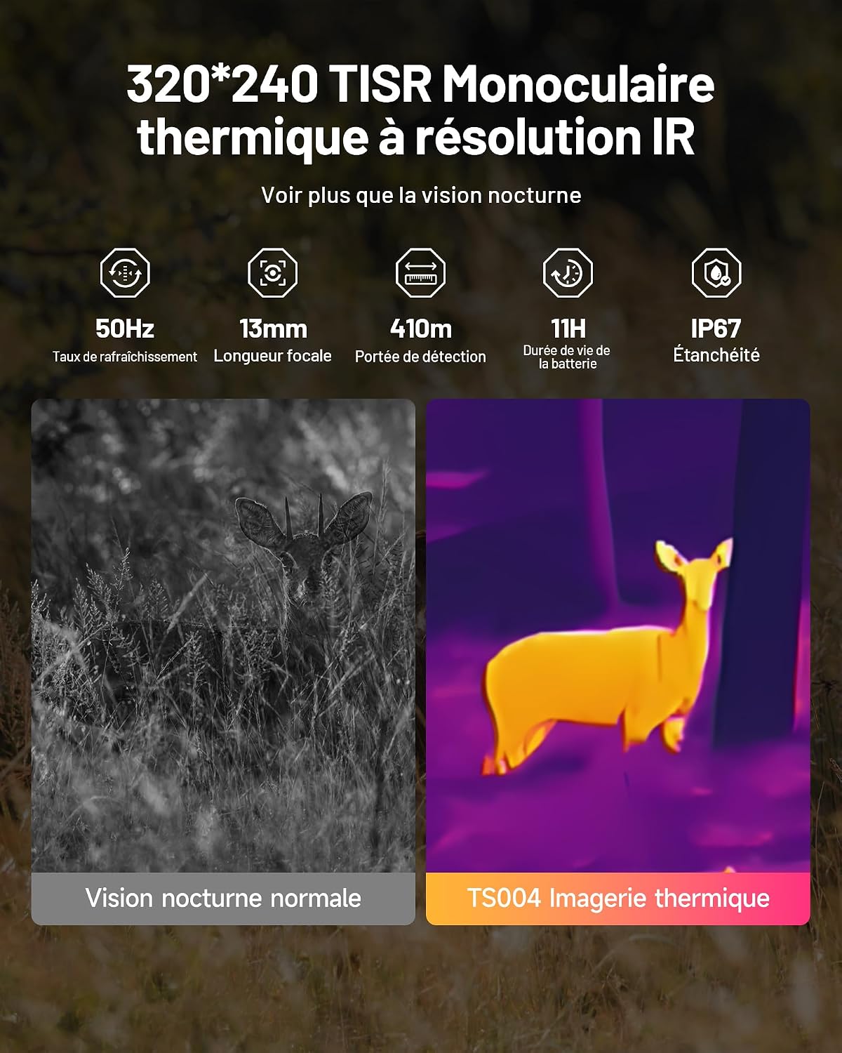 TS004 Monoculaire Thermique, 320x240 TISR IR-Résolution 50Hz Camera Thermique pour la Chasse, 11h Autonomie, Objectif 13mm, 410m Portée de Détection, Etanchéité IP67, Zoom Numérique 8X, 32G
