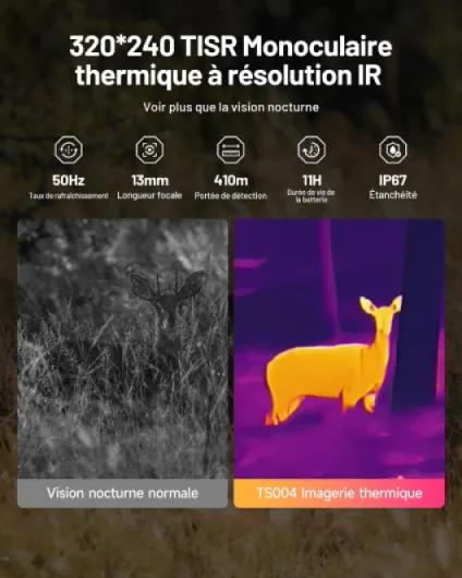 TS004 Monoculaire Thermique, 320x240 TISR IR-Résolution 50Hz Camera Thermique pour la Chasse, 11h Autonomie, Objectif 13mm, 410m Portée de Détection, Etanchéité IP67, Zoom Numérique 8X, 32G