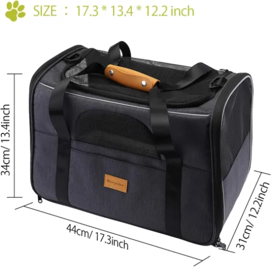 Sac Transport Chat Chien, Caisse de Transport Chat Respirant et Pliable Cage Transport Chat avec Matelas en Peluche Amovible + Bol (Accepté au Maximum 15lbs/7kg，44 * 31 * 34cm) Noir et gris L 44 x l 31 x H 34 cm