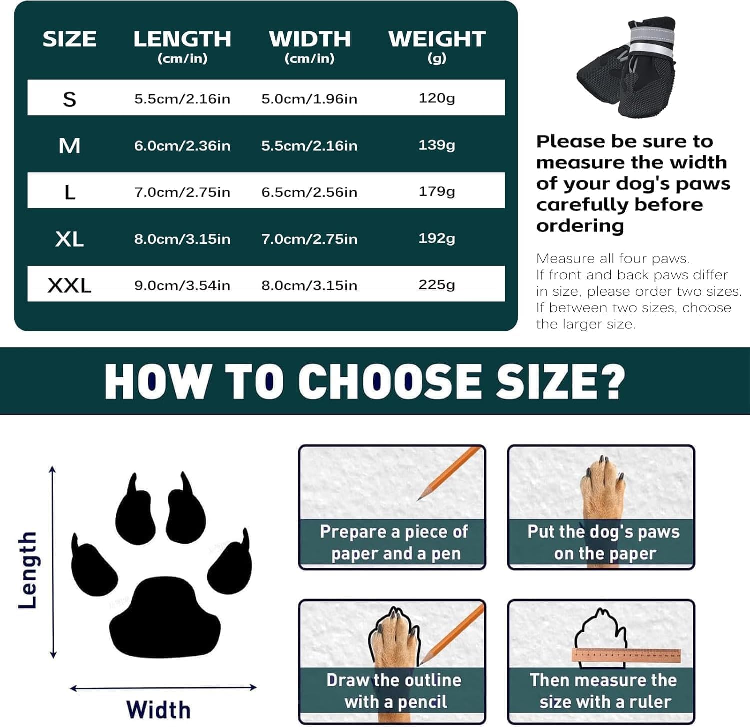 Dricar Bottes Chien, Ensemble de 4 Chaussures pour Chiens Antidérapant, Bottes de Protection pour Chien Imperméable pour Chiens de Taille Moyenne et Grande (XXL, Noir) XXL Noir