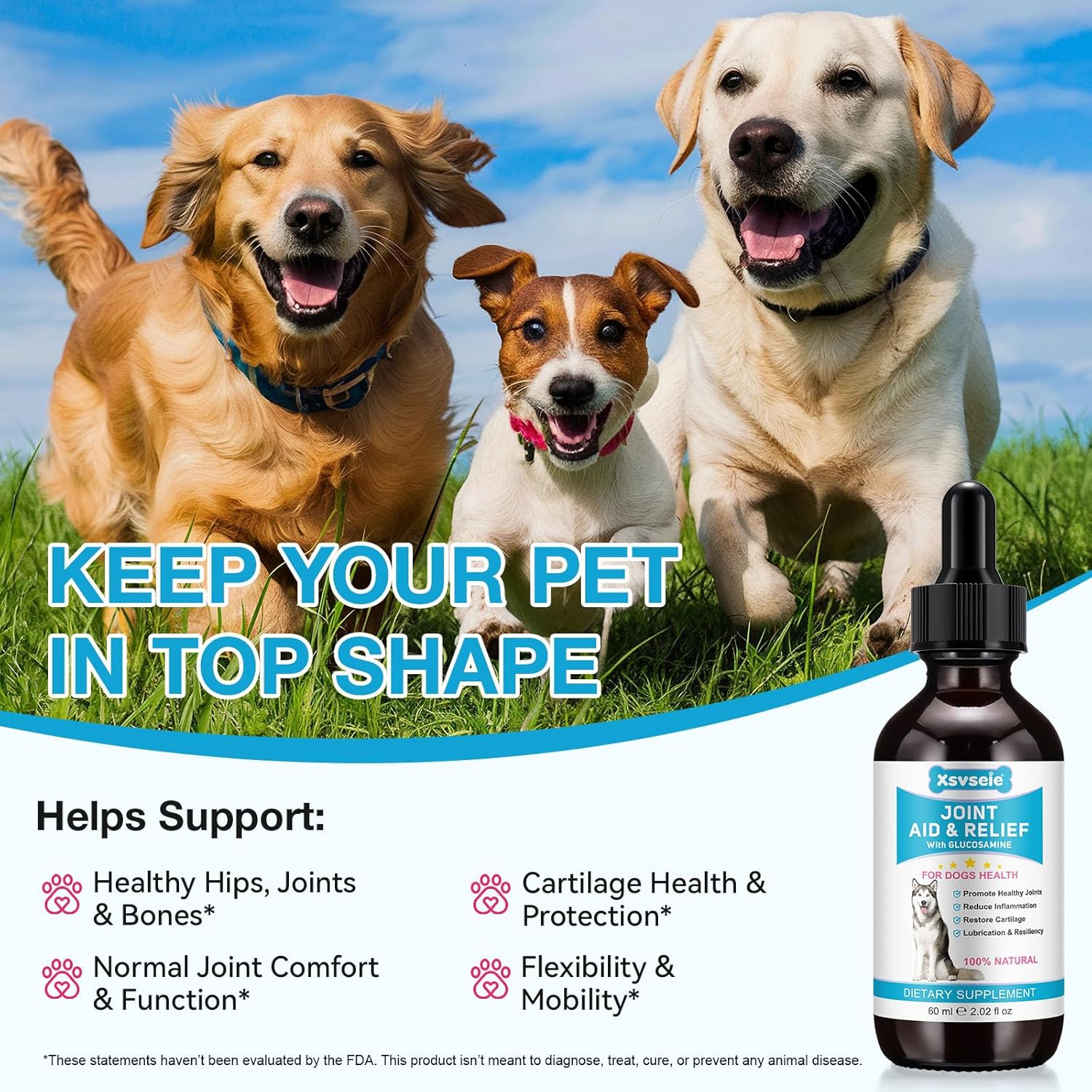 Complément articulaire pour chiens 60 ml – Gouttes liquides pour chiens âgés avec glucosamine - Soulagement naturel de la douleur et soutien des hanches et des articulations - Réduit l'inflammation et