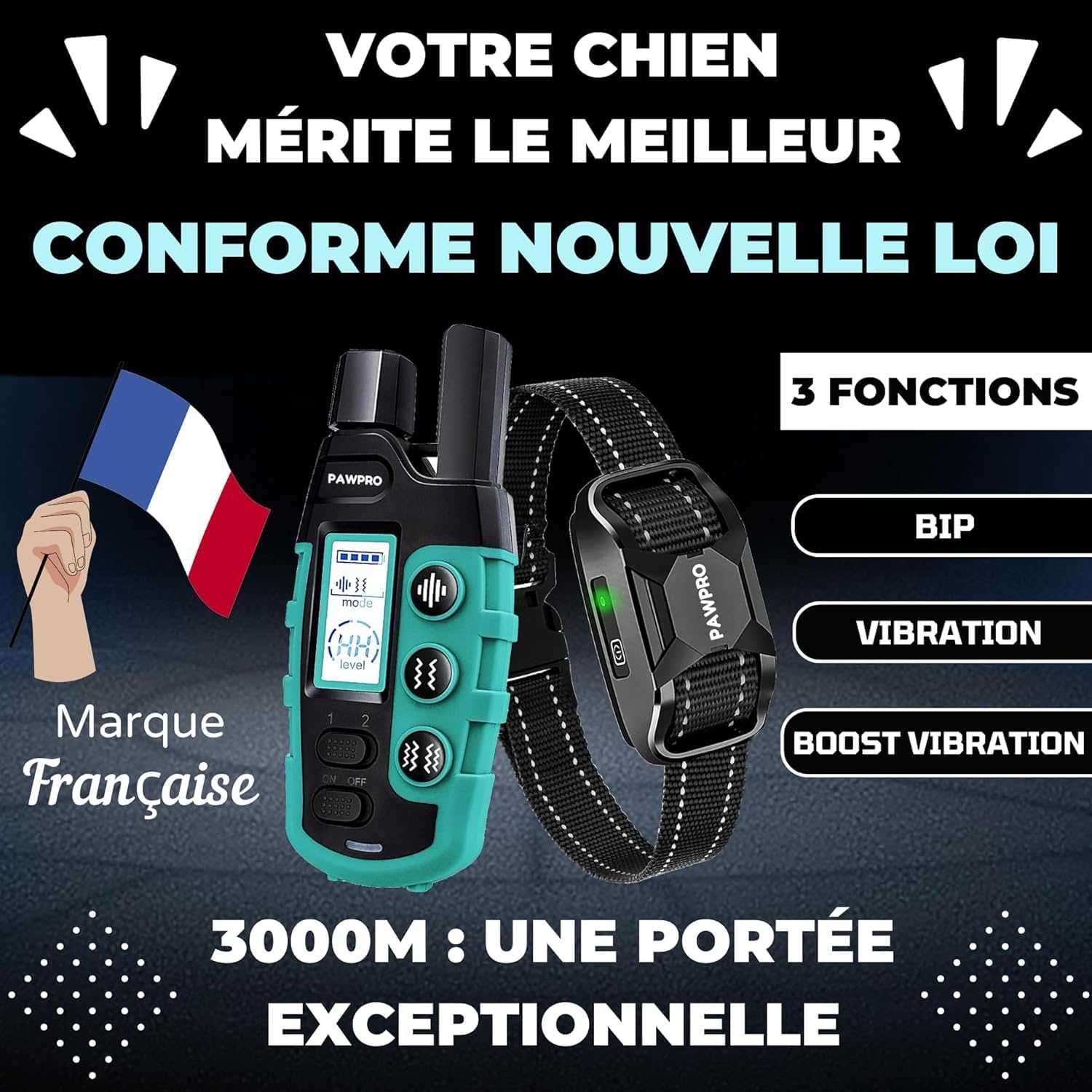 PAWPRO Collier de Dressage - Portée XXL de 3000m - Conforme Nouvelle Loi 2024 Bien-Être Animal - 3 Modes BIP, Vibration, Boost Vibration - pour Chiens de Toutes Tailles - Marque Française (2 Colliers)