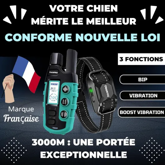 PAWPRO Collier de Dressage - Portée XXL de 3000m - Conforme Nouvelle Loi 2024 Bien-Être Animal - 3 Modes BIP, Vibration, Boost Vibration - pour Chiens de Toutes Tailles - Marque Française (2 Colliers)