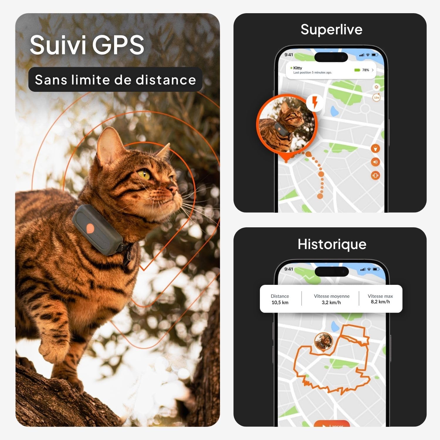 Chat XS - Collier GPS pour Chat - Suivi en Temps réel - Plus Petit modèle du marché - Fonctionne avec abonnement - Collier Inclus - Garantie à Vie Noir Traceur XS