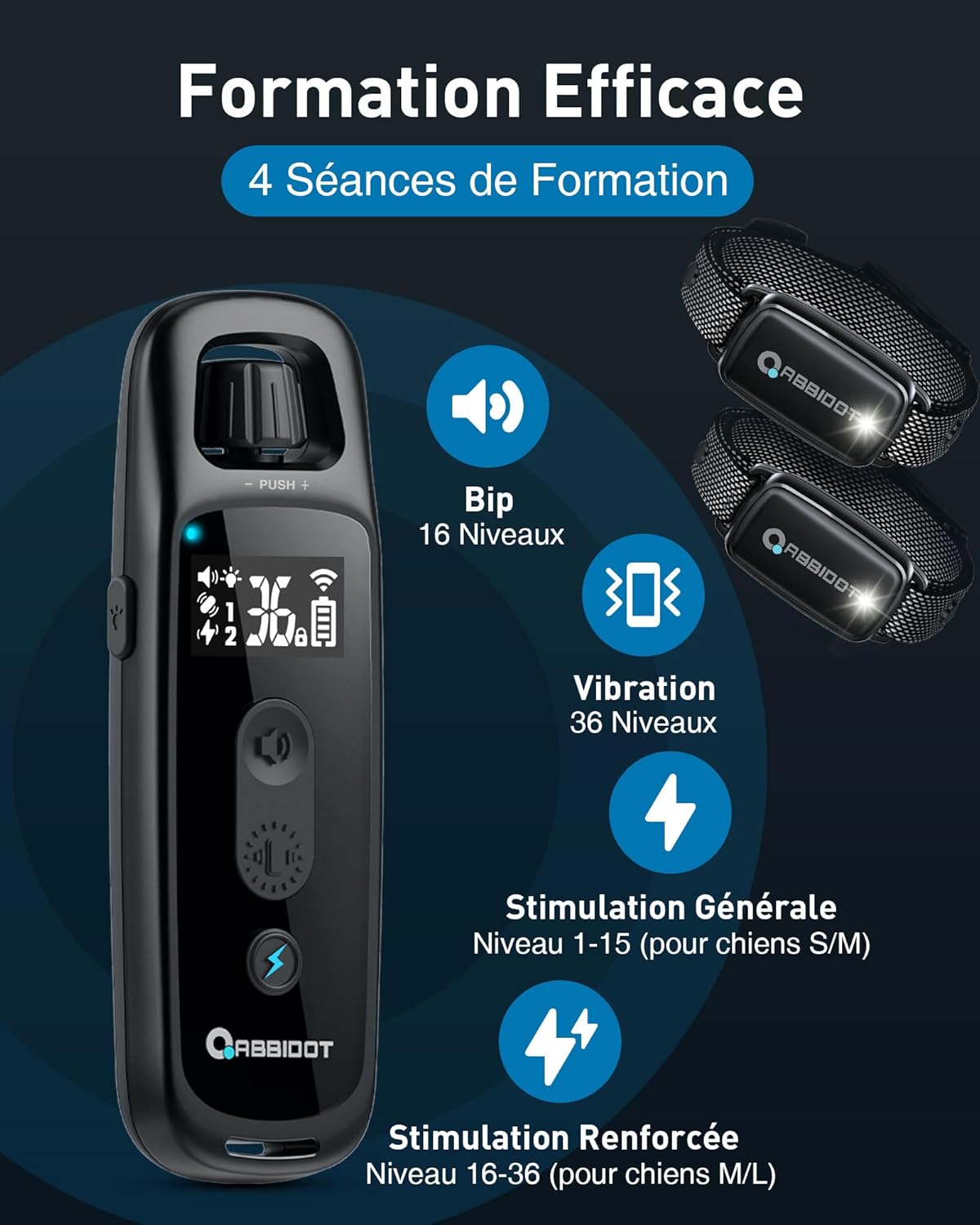 Collier de Dressage pour Chien - Veilleuse et 4 Modes de Dressage, Bip, Vibration et Stimulation, IPX7 étanche Rechargeable Collier Electrique 2 Chiens pour Petits et Grands Chiens (6-55 kg) Noir