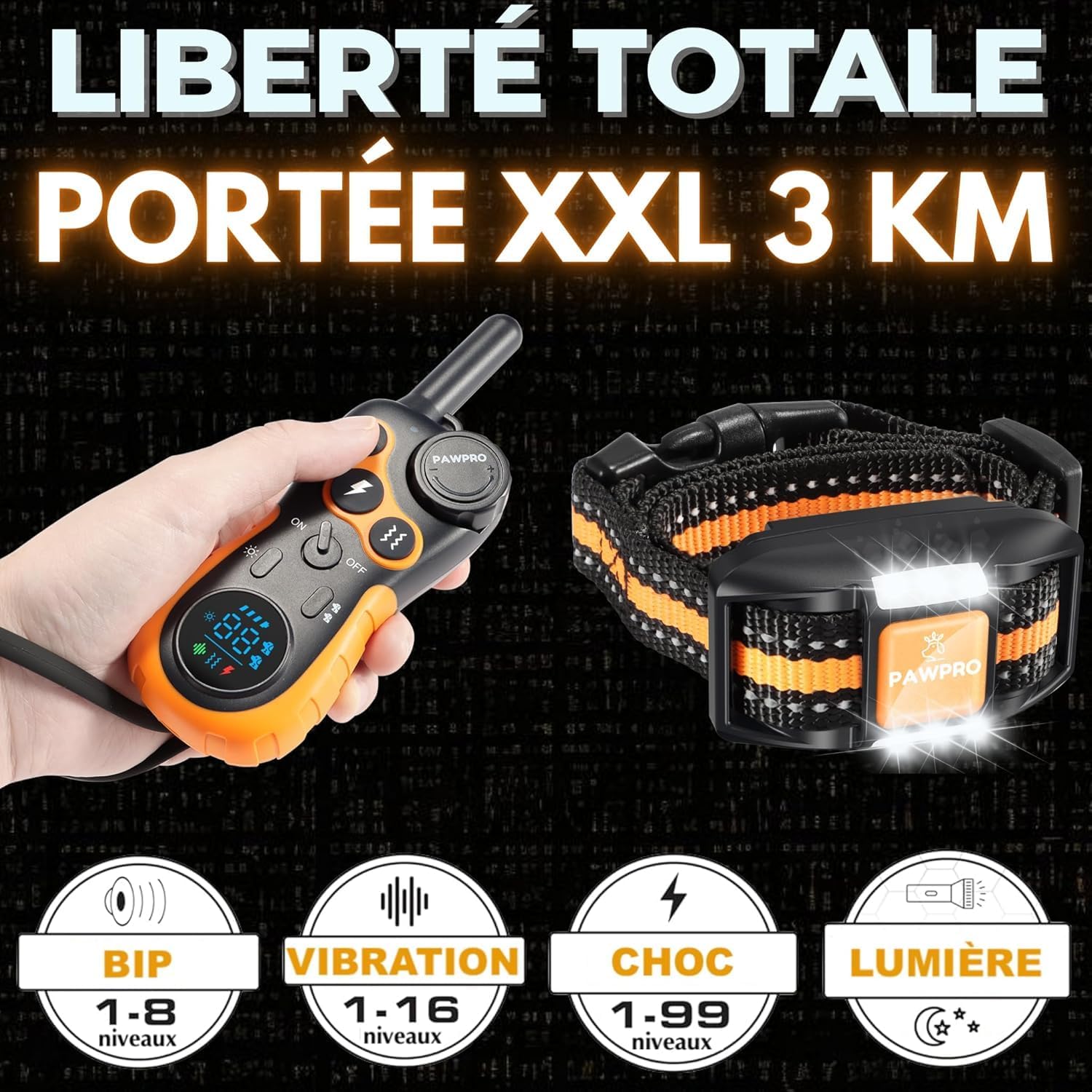 PAWPRO Collier de Dressage, Portée de 3km, Mode Lumière Nocturne, Guide de Dressage Inclus, 124 Niveaux d’Entraînement, BIP Vibration Choc, Adapté à Tous Les Chiens, Étanche, Marque FR (2 Colliers)