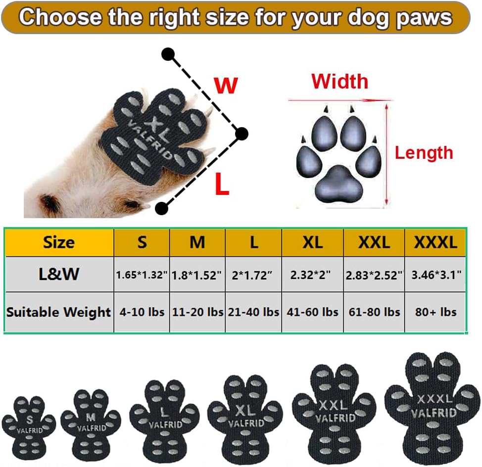 VALFRID Protecteur de Patte de Chien Robuste Anti-dérapant 24 pièces,Auto-adhésif résistant Chien Chaussures Bottillons Chaussettes pour Remplacer M 24 pièces M-3.8*4.4cm,(5-9kg)