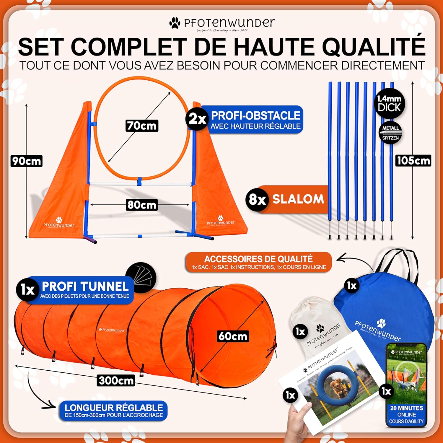 PfotenWunder® Set d'agility pour Le Chien Profesional + 8 Barres de Slalom, 1 XXL-Tunnel, pour Petits et Grands Chiens, équipement d'entraînement Jouets Parcours Sport Outils d'agilité