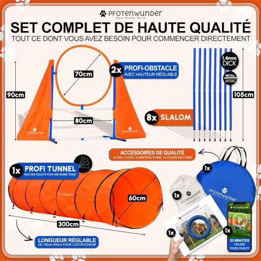 PfotenWunder® Set d'agility pour Le Chien Profesional + 8 Barres de Slalom, 1 XXL-Tunnel, pour Petits et Grands Chiens, équipement d'entraînement Jouets Parcours Sport Outils d'agilité
