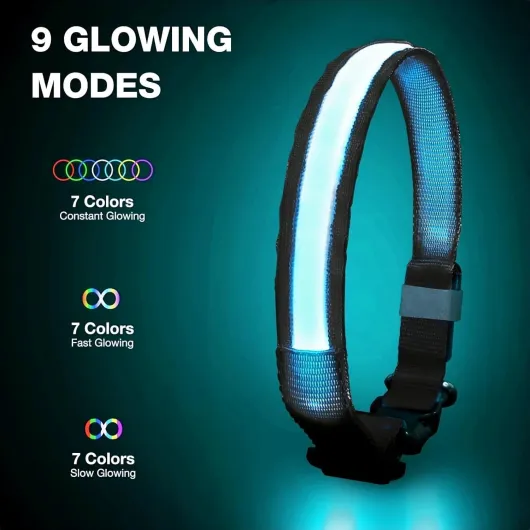 Collier Lumineux Chien, Collier Chien LED Rechargeable et Etanche Clignotant, Collier Chien Fluorescent avec 7 Couleurs, Sécurité avec Réglable pour Petits Moyens Gros Chiens, Noir-S Noir (9 modes) S (28-40cm)