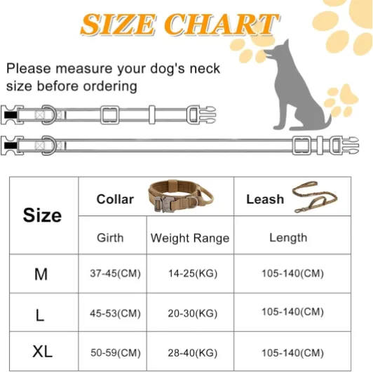 Collier de Chien Tactique, Collier Réglable Militaire en Nylon avec Poignée de Commande, Laisse de Chien Bungee Tactique avec Boucle en Métal pour Chiens de Taille Moyenne Chasse M Couleur boue + Laisse