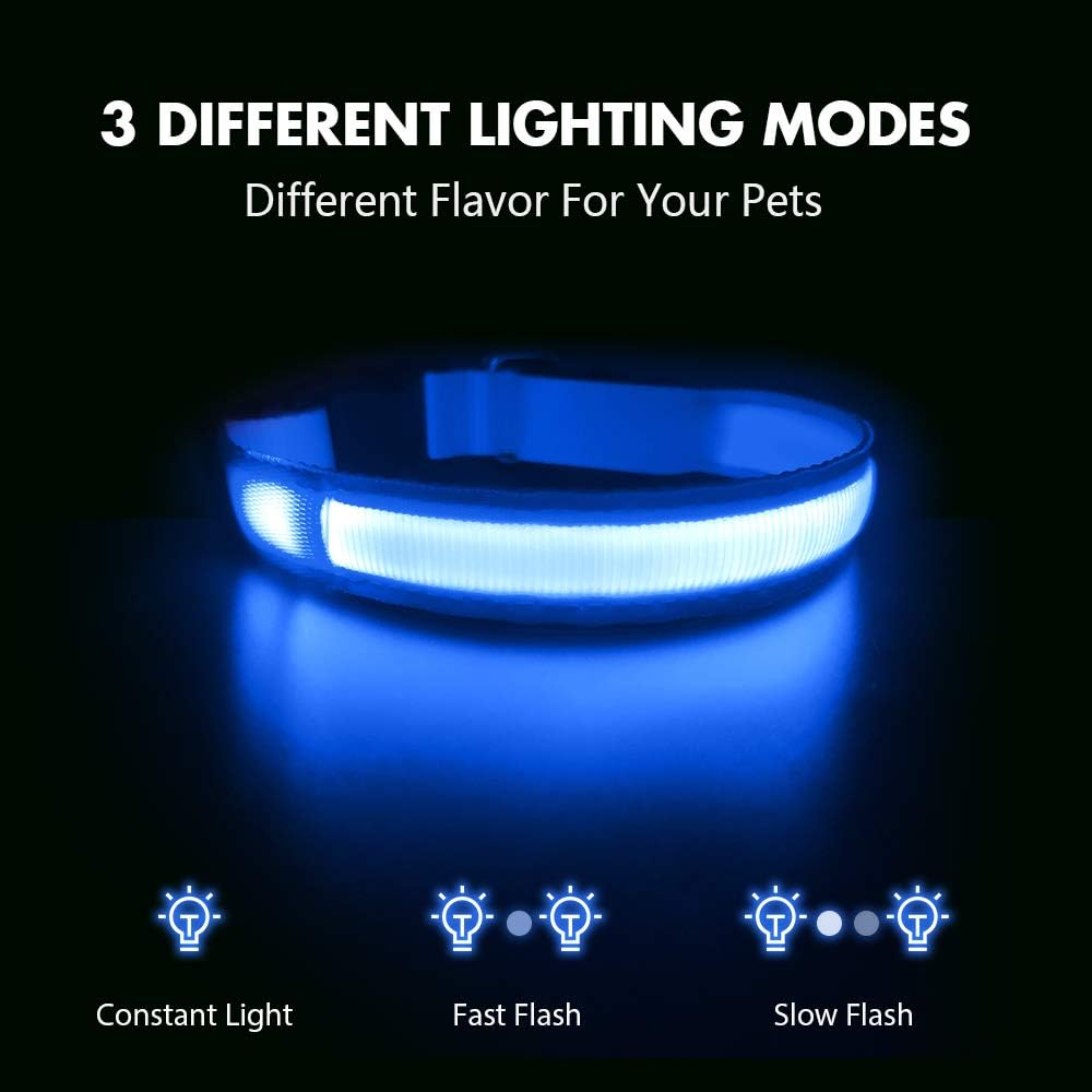 Collier Lumineux pour Chien Rechargeable, LED Collier Chien Etanche et Réglable 3 Modes d'éclairage, LED Clignotant Collier de Sécurité pour Petits Moyens Grands Chien(Bleu, M) M Bleu