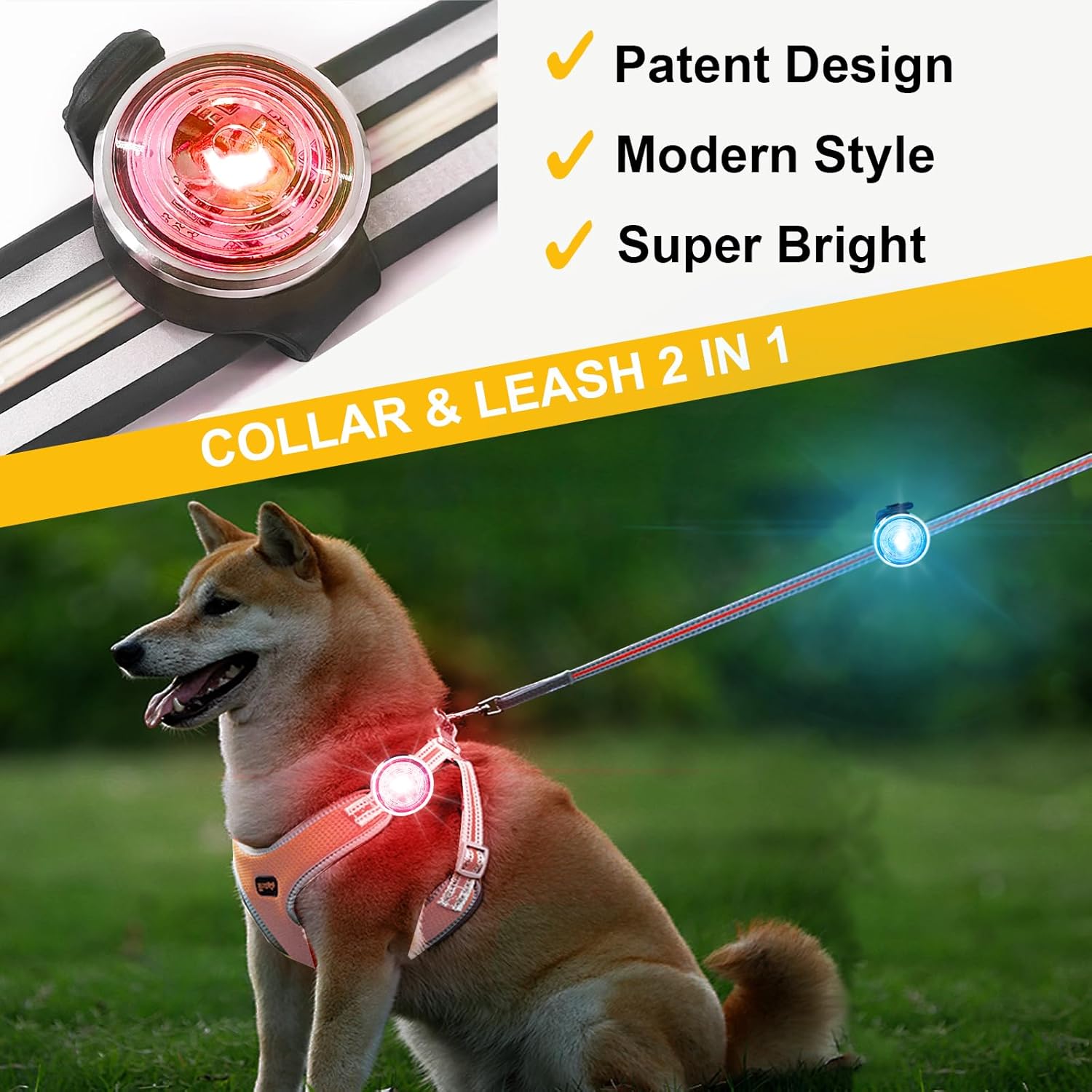 Lot de 2 Collier Lumineux Chien Rechargeable USB-C, 8 Modes Améliorés, Collier de Chien pour Clip de Nuit, IPX6 étanche et Bande en Silicone Lumières de Sécurité