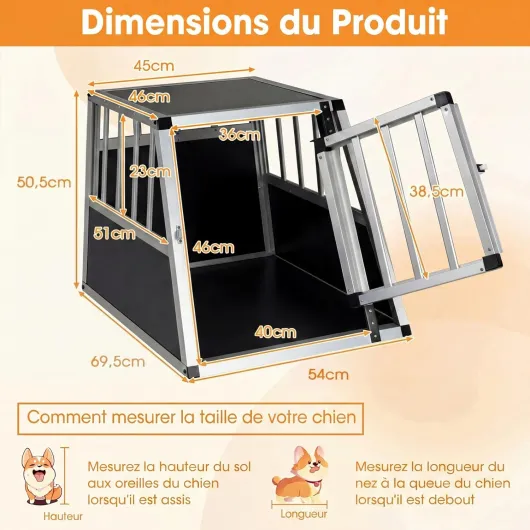 Caisse de Transport pour Chien en Aluminium, Porte Fermeture Sécurisée, Cage Chien Voiture Trapézoïdal, Cage Anti-Morsure pour Chiots Petites Races pour Camping et Camion (69,5 x 54 x 50,5 cm) L 70 x l 54 x H 51 cm