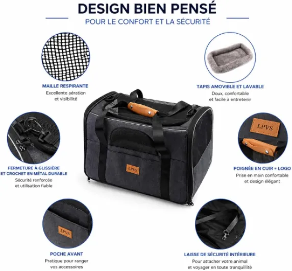 Sac Transport Chat Chien - Caisse Transport Respirant Pliable avec Matelas Moelleux + Bol - Cage Transport Animal 7kg Maximum - Ventilation Parfaite - Approuvé Compagnies Aériennes