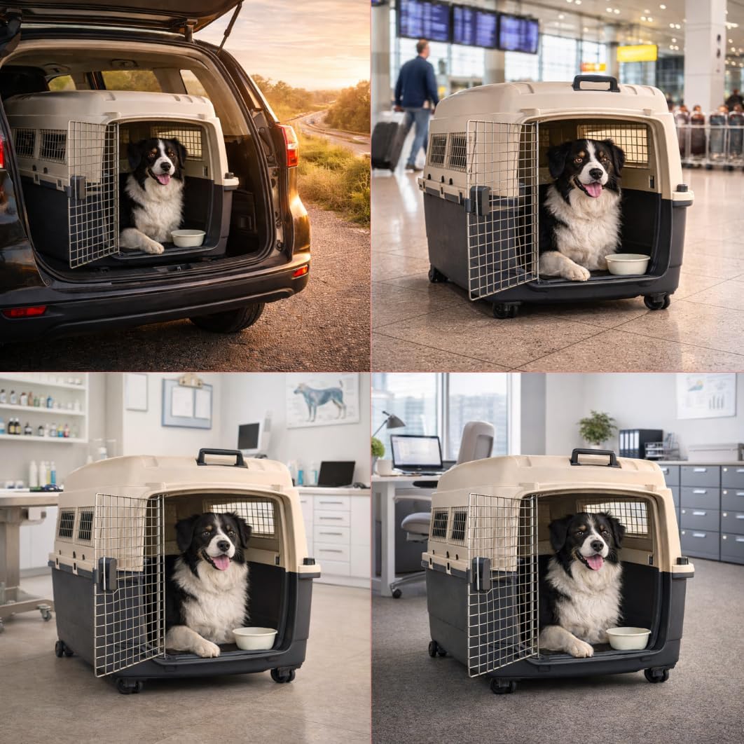 Cage pour Chien - Cage de Transport Chien - Flamingo Fomad Gris foncé - S 40 x 61 x 41 cm - Plastique Robuste - Porte métallique - verrou de sécurité - poignée - gamelle Amovible