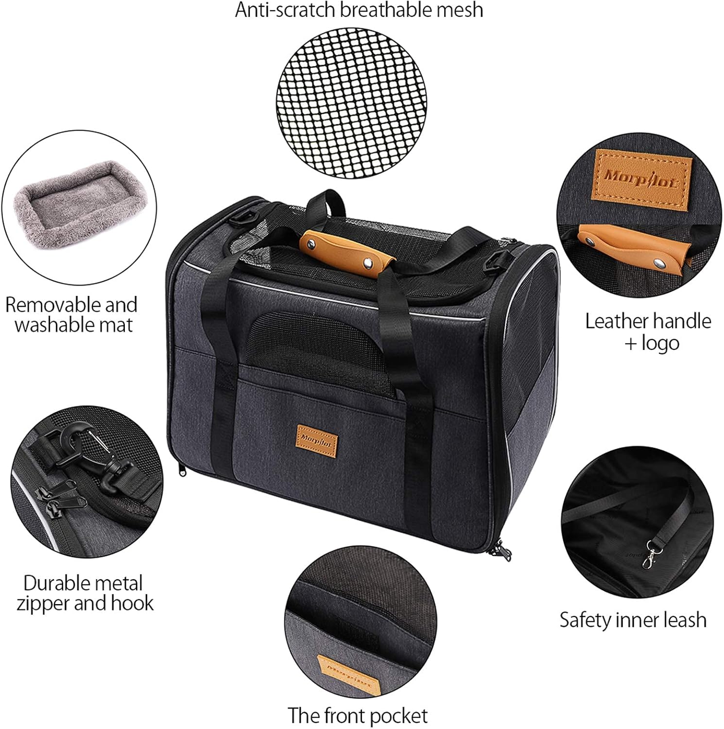 Sac Chien, Caisse de Transport Respirant et Pliable Cage Chat avec Matelas en Peluche Amovible + Bol (47 * 32 * 36 cm) gris L 47 x l 32 x H 36 cm