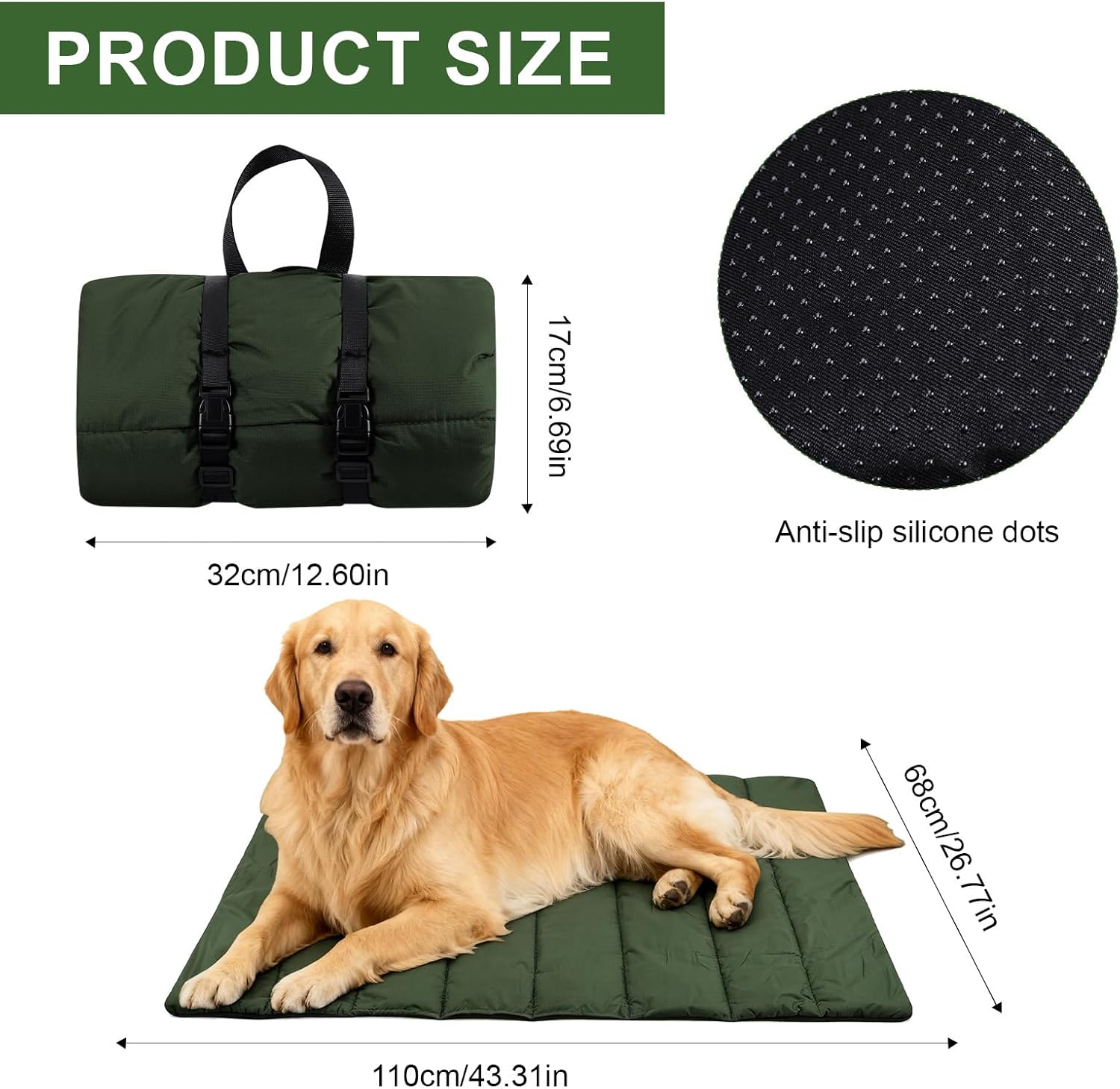 Tapis pour Chien de Voyage, 110 × 68 cm Tapis Chien Pliable Imperméable, Coussin Chiens Portable pour Extérieur, Camping et Coffre de Voiture, Couverture de Voyage Lavable pour Pet(Vert)