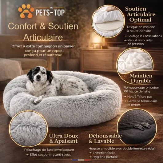 One PETS-TOP Panier Chien Grande Taille 95 cm Gris – Donut Anti-Stress Déhoussable Lavable – Coussin Chien Fibre PP et Mousse 2,5 cm – Antidérapant L 95 x l 95 x H 21 cm Gris Perle
