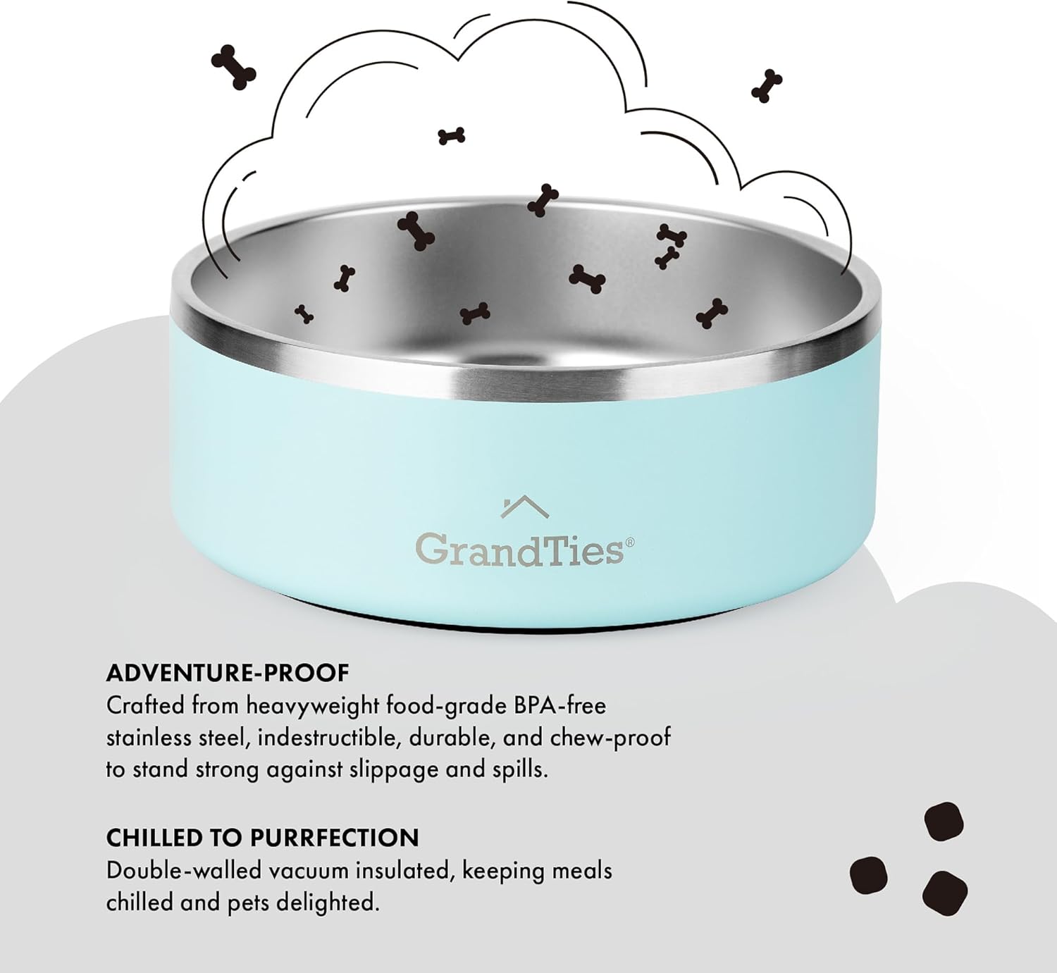 GrandTies Gamelle pour chien en acier inoxydable - Gamelle gravée réutilisable sans BPA - Grande gamelle antidérapante et anti-déversement - Gamelle à eau d'extérieur pour chien (1,2 l, vert poudré) 42oz Vert poudré
