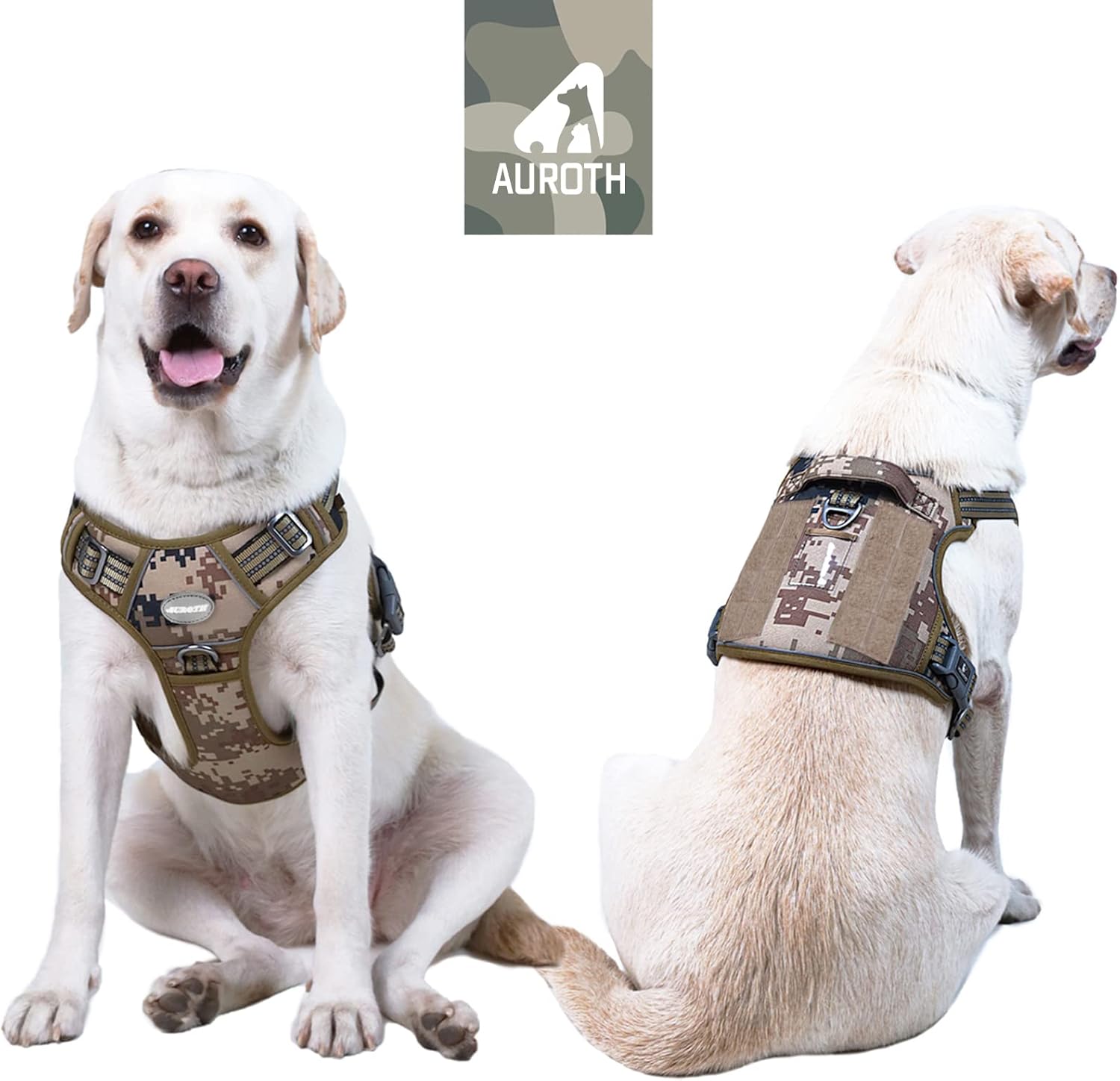 Harnais Anti Traction Tactique, Respirant Réglable pour Moyen Grand Chien, Gilet Durable Réfléchissant, Matériel Militaire Taille L, Desert Camo Marron L（Cou: 46-74cm, Poitrine: 61-94cm）