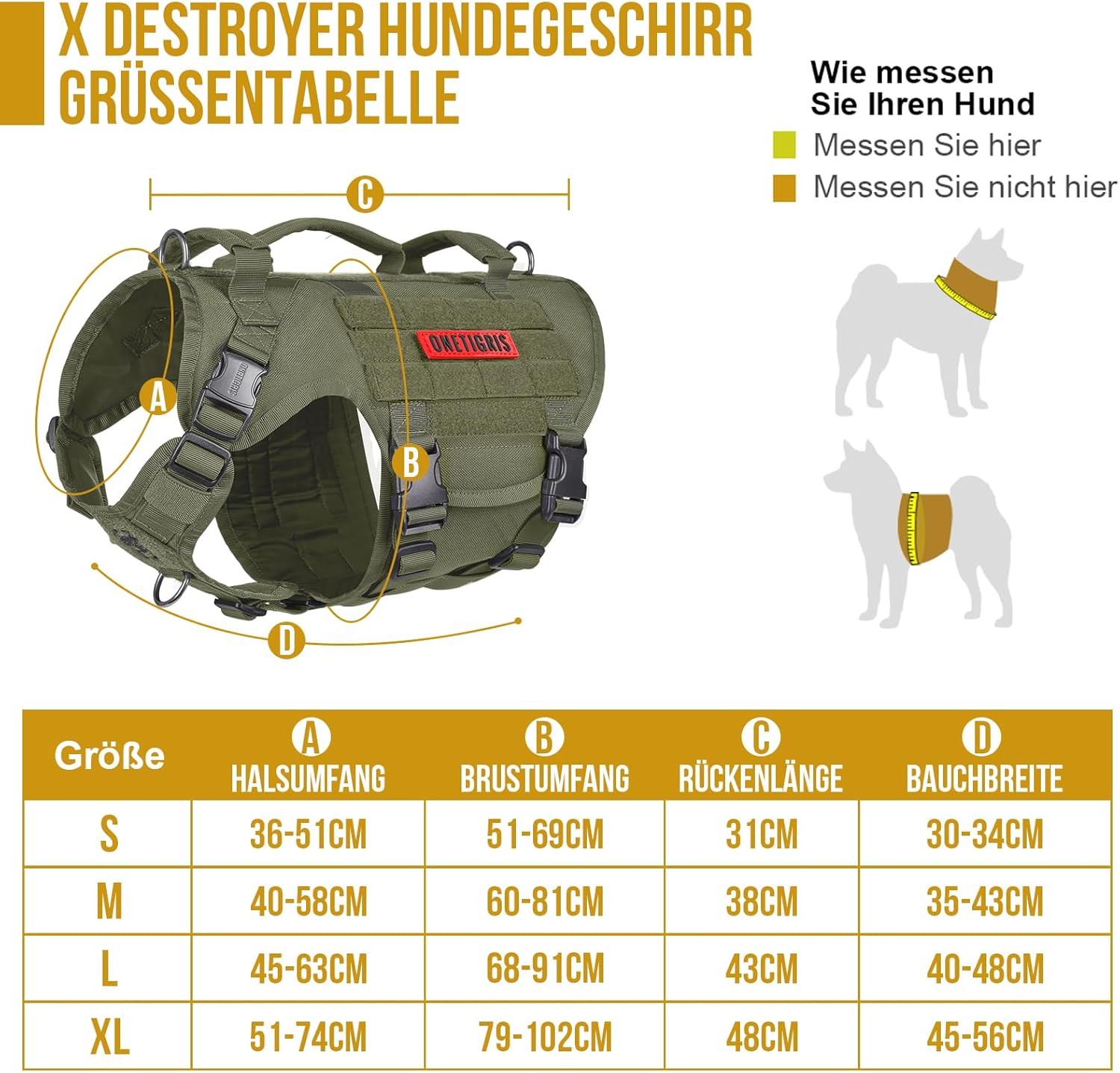 Harnais pour Chien, X DESTROYER Harnais Tactical Dog 3 poignées Heavy Duty Gilet pour chien avec boucles en métal, harnais de sécurité réglable pour chiens de taille moyenne et grande - Vert L Vert