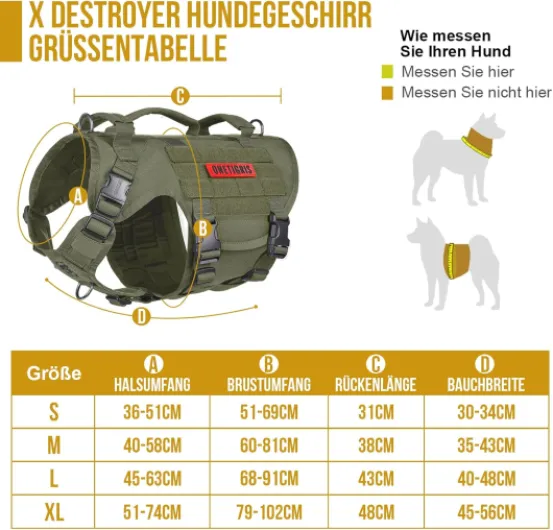 Harnais pour Chien, X DESTROYER Harnais Tactical Dog 3 poignées Heavy Duty Gilet pour chien avec boucles en métal, harnais de sécurité réglable pour chiens de taille moyenne et grande - Vert L Vert