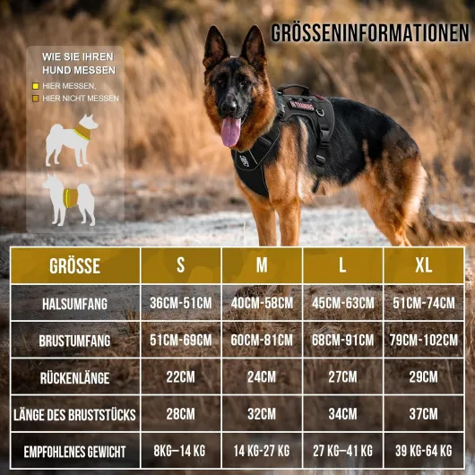 Harnais pour Grand Chien, Harnais Tactique TACTILITE résistant à la Traction, Sangle de Poitrine réglable avec 4 Anneaux en D, Bandes réfléchissantes, Noir, Taille L L:27-41kg(Hals:45-63cm, Brust:68-91cm) Noir