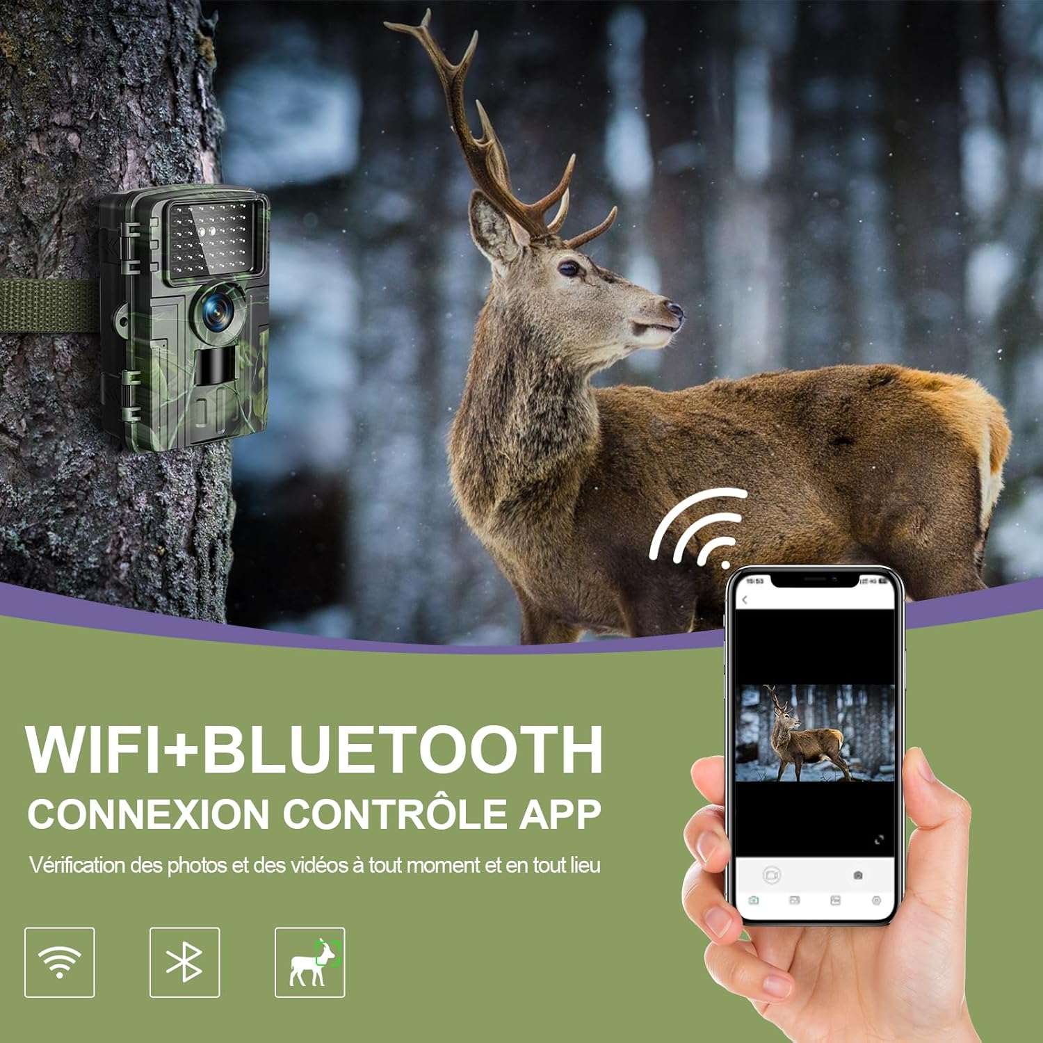 Camera de Chasse, Camera Chasse WiFi 4K/60MP Full HD, Détecteur de Mouvement, Vision Nocturne, Temps de Déclenchement de 0,1S, Caméra IR Pour Animaux Sauvages avec Carte SD 32GB & Lecteur de Cartes