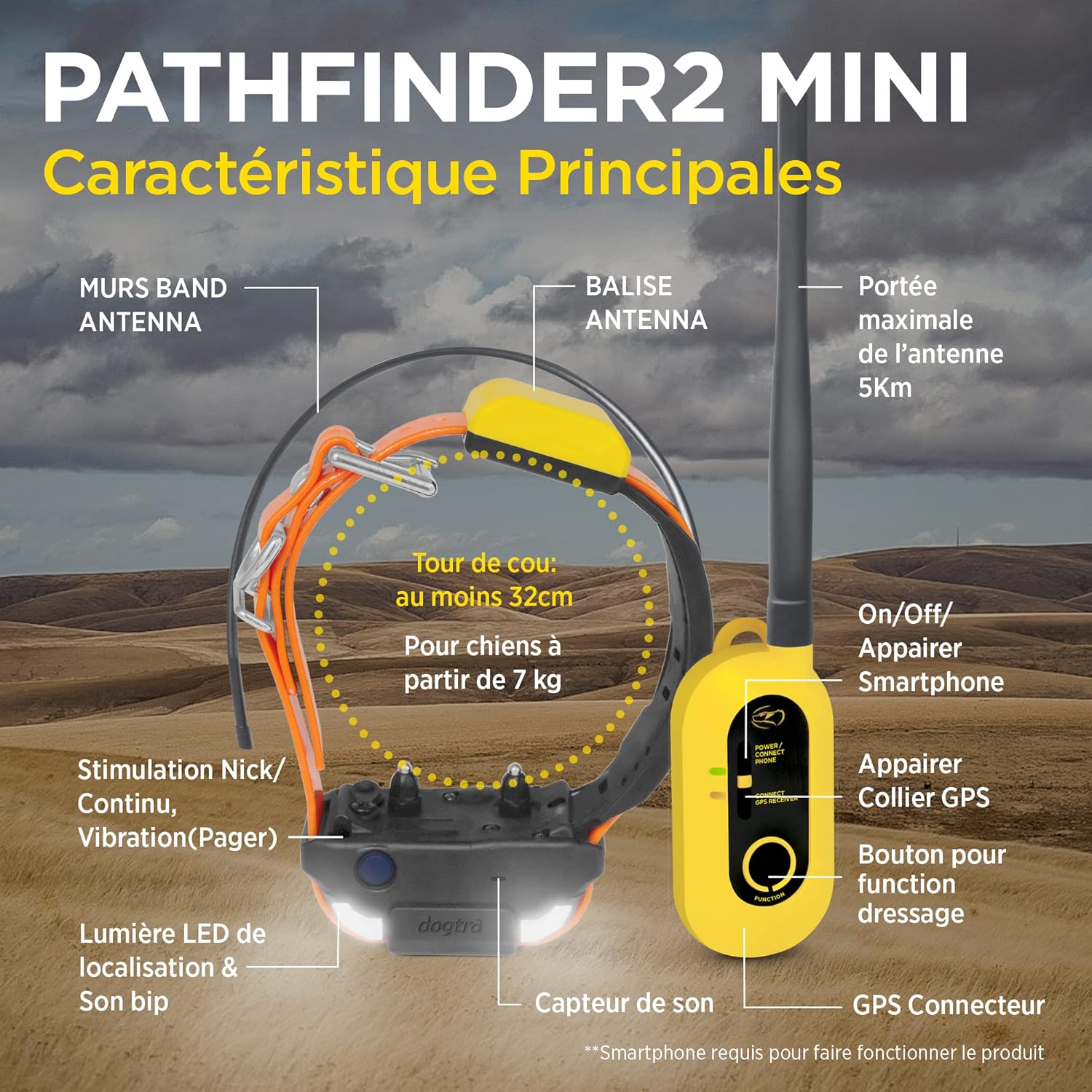 Dogtra Pathfinder 2 Mini Collier de Repérage GPS & Dressage Rechargeable, Lumière LED, Application Gratuite et sans Abonnement, Étanche IPX9K, Fonctions de Dressage, Portée 5 km, Jusqu'à 21 Chien