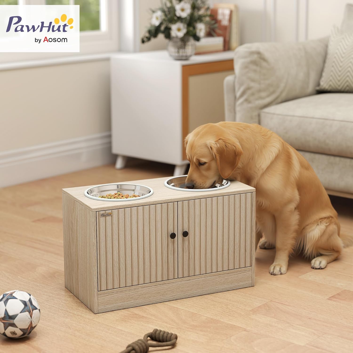 Gamelles pour Chiens surélevées, Porte-gamelles surélevé avec Rangement de 40L, 2 Bols en Acier Inoxydable de 2L, Alimentation Lente, antidérapante, Convient aux Grands Chiens, chêne