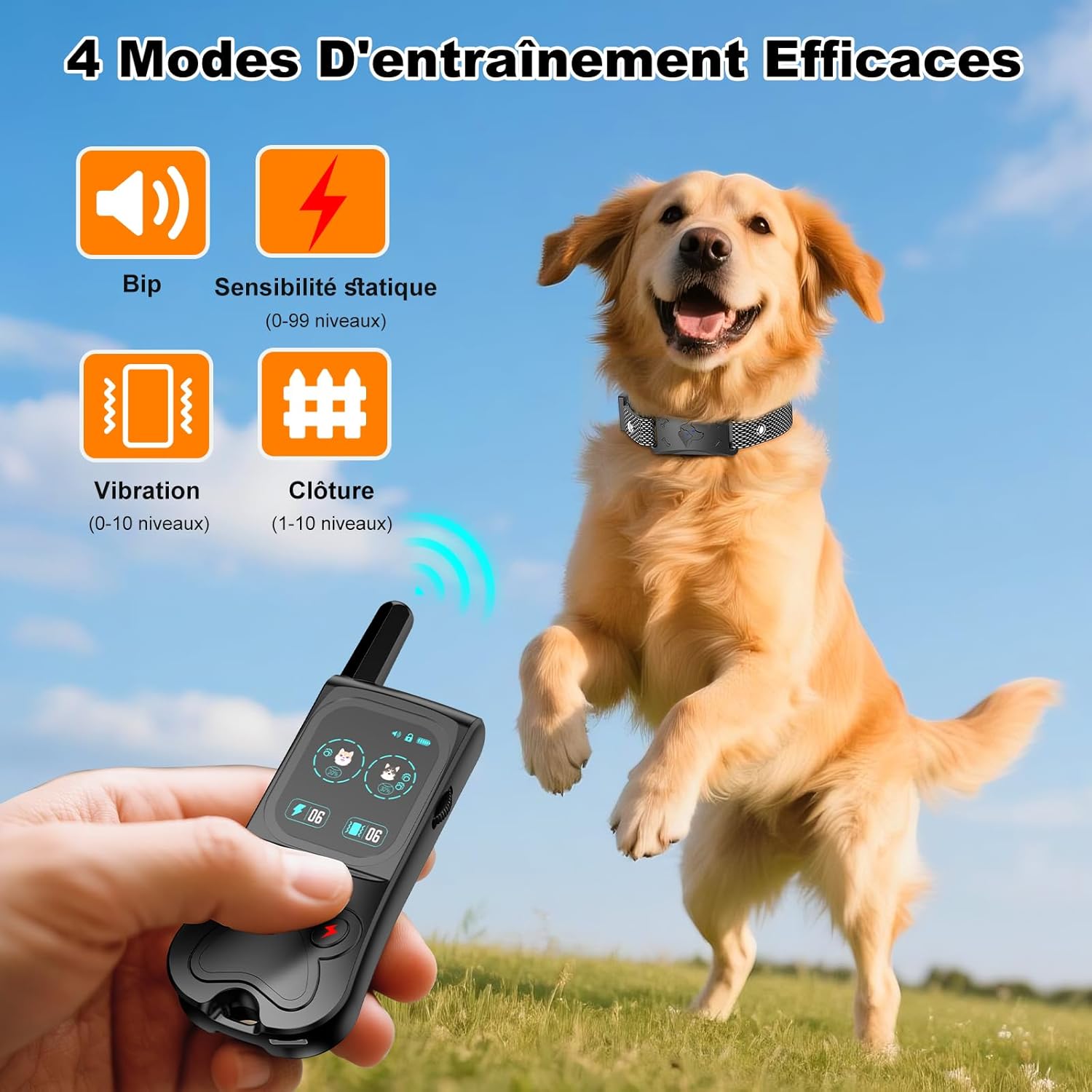 Collier de Dressage pour Chien, Collier Electrique pour IPX7 Résistant à L’Eau, 4 Modes de Dressage (Lumière, Bip, Vibration, Choc) avec Verrouillage de Sécurité, pour 1 Chien（Black） Black for 1 dogs