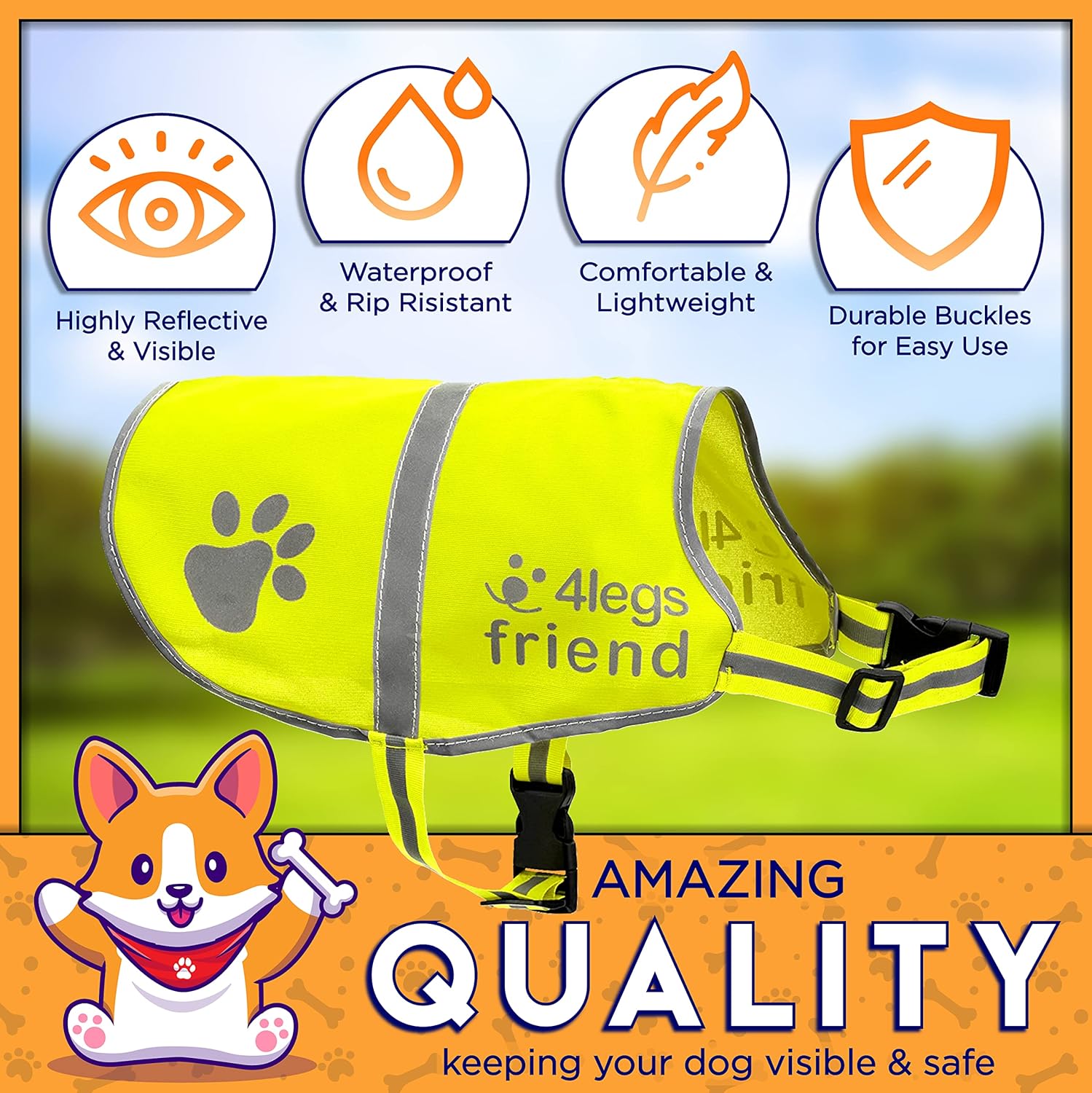 Gilet de sécurité réfléchissant léger avec Trou pour Laisse - 5 Tailles - Sangles réglables à Boucle, Haute visibilité - Protège Votre Chien des Voitures et des Accidents de Chasse (XX-Small, Jaune) XX-Small Jaune