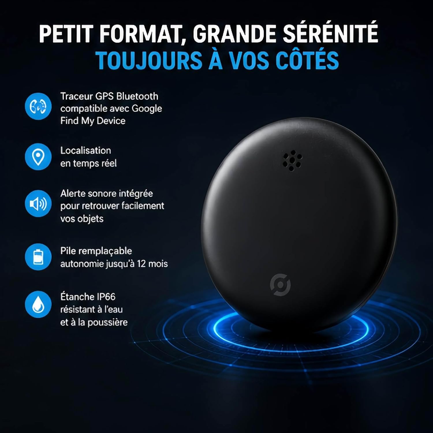 Vitivie Tracer GPS, GP90 Traceur GPS Android et iOS, Tracker Bluetooth Anti-Perte Ultra Précis pour Clés, Portefeuille et Chien, Compatible avec Apple Find My (Noir)