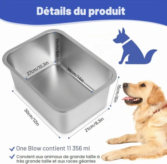Bol d'eau pour chiens 11,4 L/401 oz – en acier inoxydable pour races moyennes et grandes, durable, anti-chute et facile à nettoyer, 36 × 27 × 15 cm